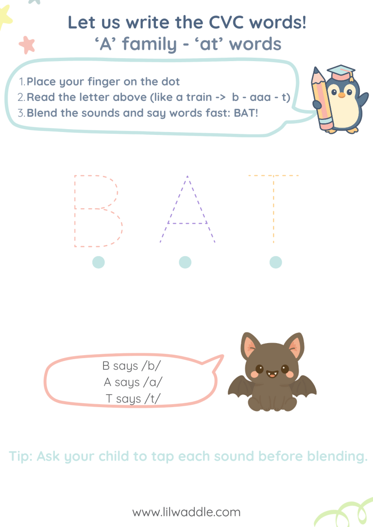 CVC worksheets - A family - AT words - BAT