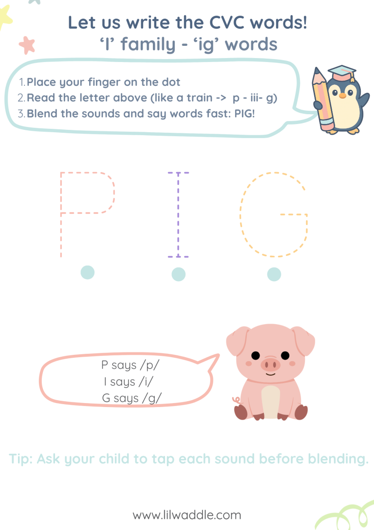 CVC worksheet - I family - ig words - PIG