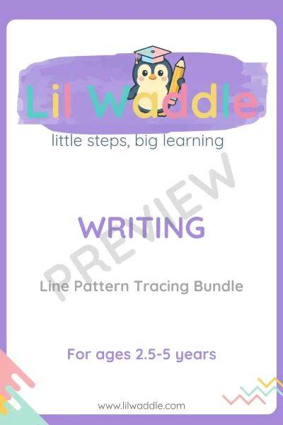 Preview of selected pages from Lil Waddle’s line pattern tracing bundle showing structured pre-writing activities